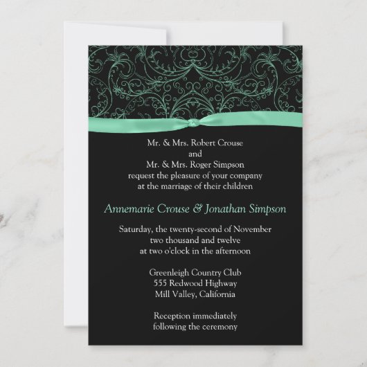 Mint Green Scrolls and Ribbon Wedding Invitation Kaart (Voorkant)