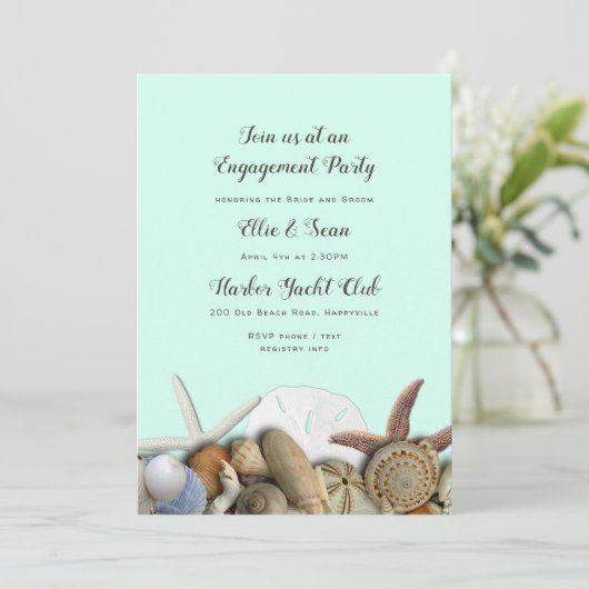 Mint Green Seashells Border Verloving Invitation Kaart (Staand voorkant)