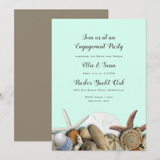 Mint Green Seashells Border Verloving Invitation Kaart (Voorkant / Achterkant)