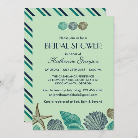 Mint Green Seashells Invitation for Summer Wedding Kaart (Voorkant / Achterkant)