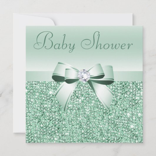 Mint Green Sequins, Bow & Diamond Baby shower Kaart (Voorkant)