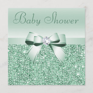 Mint Green Sequins, Bow & Diamond Baby shower Kaart