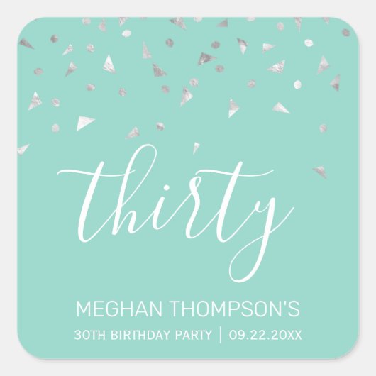 Mint Green Silver Confetti 30th Birthday Vierkante Sticker (Voorkant)