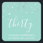 Mint Green Silver Confetti 30th Birthday Vierkante Sticker<br><div class="desc">Help haar haar haar 30e verjaardag in stijl te vieren met dit eenvoudige maar elegante ontwerp, met faux zilveren driehoekige confetti die op het woord "30" in witte handschrift op een groene achtergrond van de munt staat. Pas het met de naam van de honoree in witte sans serif doopvont, samen...</div>