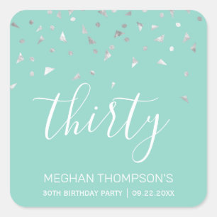 Mint Green Silver Confetti 30th Birthday Vierkante Sticker