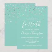 Mint Green Silver Confetti 40th Birthday Party Kaart (Voorkant / Achterkant)