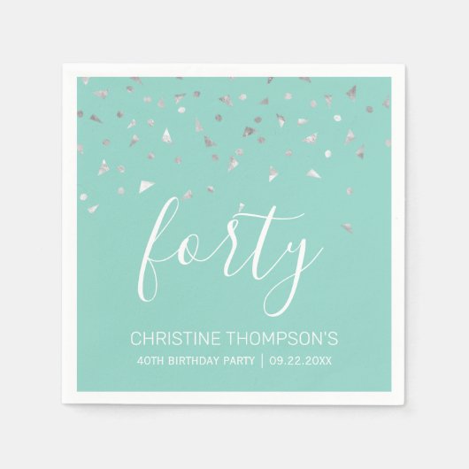 Mint Green Silver Confetti 40th Birthday Party Servet (Voorkant)