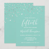 Mint Green Silver Confetti 50th Birthday Party Kaart (Voorkant / Achterkant)