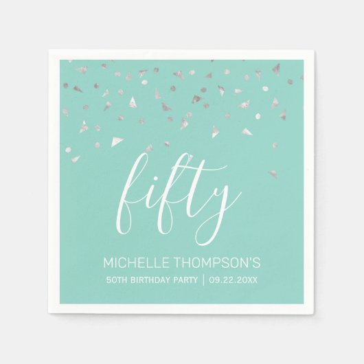Mint Green Silver Confetti 50th Birthday Party Servet (Voorkant)