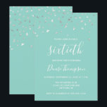 Mint Green Silver Confetti 60th Birthday Party Kaart<br><div class="desc">Dit ontwerp is voorzien van een driehoekig faux zilver-confetti op een groene achtergrond voor munt. Het woord "sixtieth" staat in een elegant wit handschrift. Personaliseer de uitnodiging met de naam van de eer in witte handschrijvende doopvont, samen met de datum, de plaats, en andere details in witte sans serif type....</div>