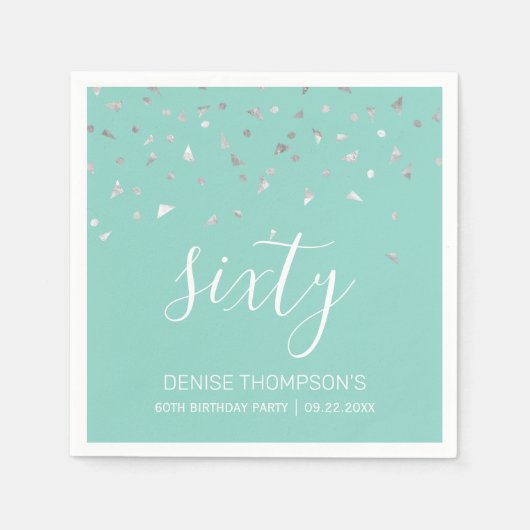 Mint Green Silver Confetti 60th Birthday Party Servet (Voorkant)