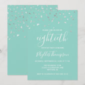 Mint Green Silver Confetti 80th Birthday Party Kaart (Voorkant / Achterkant)