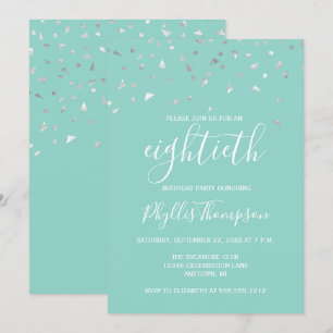 Mint Green Silver Confetti 80th Birthday Party Kaart