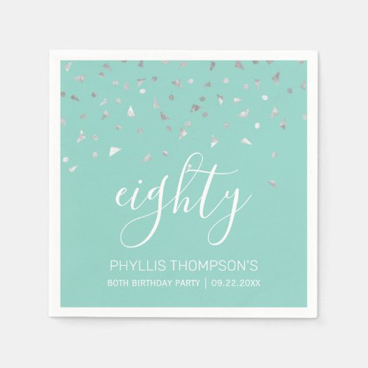 Mint Green Silver Confetti 80th Birthday Party Servet (Voorkant)