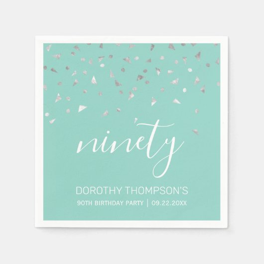 Mint Green Silver Confetti 90th Birthday Party Servet (Voorkant)