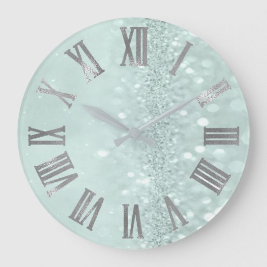 Mint Green Silver Glitter Gray Roman Numbers Grote Klok (Voorkant)