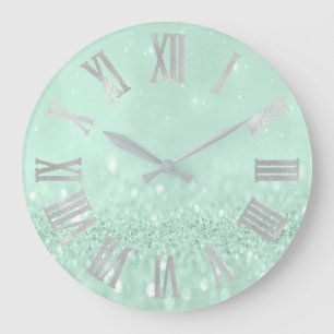 Mint Green Silver Paste Glitter Grey Roman Numbers Grote Klok