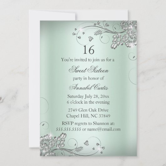 Mint Green Silver Sparkle Sweet 16 Kaart (Achterkant)