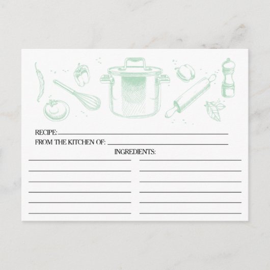 Mint Green Sketched Kitchen Tools Recipcards Briefkaart (Voorkant)