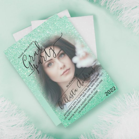 Mint Green Sparkly Glitter Ombre Photo Afstuderen Kaart