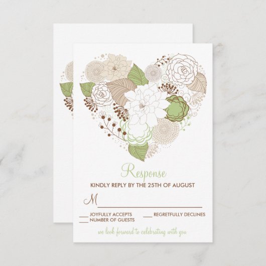 Mint Green Spring Heart Flowers RSVP Response Kaar (Voorkant / Achterkant)