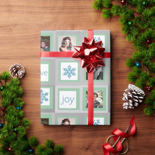 Mint Green Squares Gepersonaliseerde foto Kerstmis Cadeaupapier (Feestdagen Geschenken)