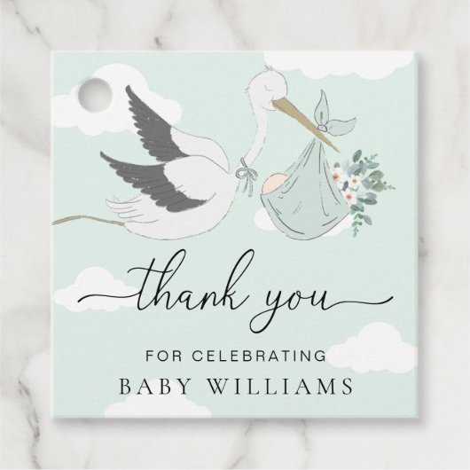 Mint Green Stork Baby shower Dank u Bedankjes Labels (Voorkant)