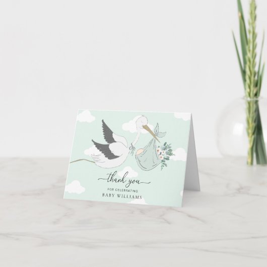 Mint Green Stork Baby shower Dank u Kaart (Voorkant)