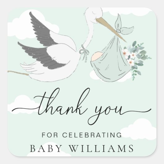 Mint Green Stork Baby shower Dank u Vierkante Sticker (Voorkant)