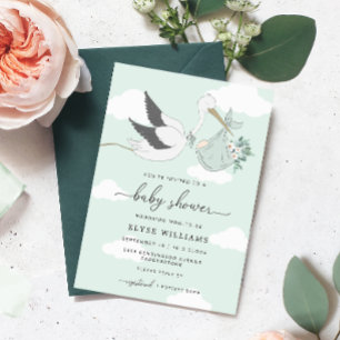 Mint Green Stork Baby shower Invitation Kaart