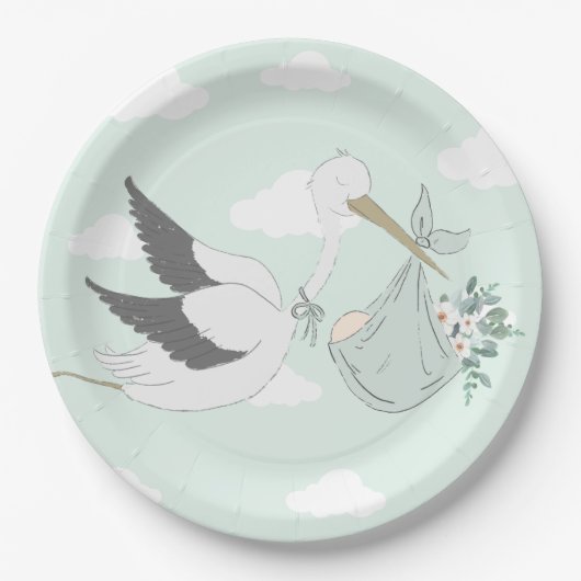 Mint Green Stork Baby shower Papieren Bordje (Voorkant)