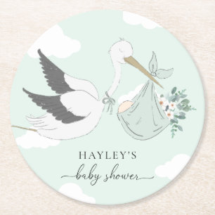 Mint Green Stork Baby shower Ronde Kartonnen Onderzetter