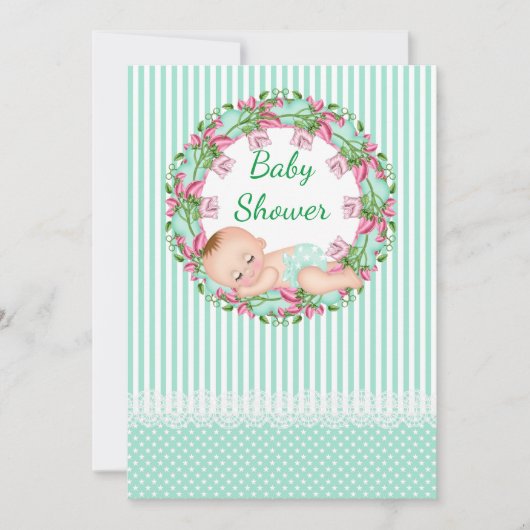 Mint Green Stripe Baby shower Invitation Kaart (Voorkant)