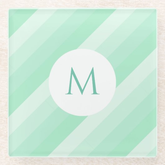 Mint Green Striped Moderne Sjabloon Monogram Glazen Onderzetter (Voorkant)