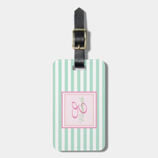 Mint Green Striped Monogram-Gepersonaliseerd Bagagelabel (Voorkant verticaal)
