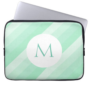 Mint Green Striped Sjabloon Modern Monogram Trendy Laptop Sleeve