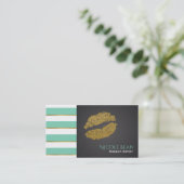 Mint Green Stripes & Faux Gold Shine Lips Chic Visitekaartje (Staand voorkant)