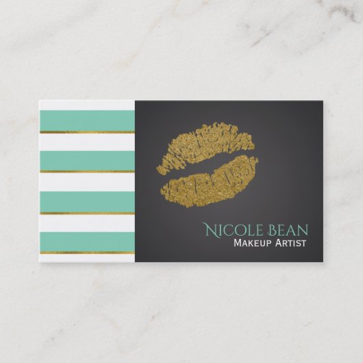 Mint Green Stripes & Faux Gold Shine Lips Chic Visitekaartje (Voorkant)
