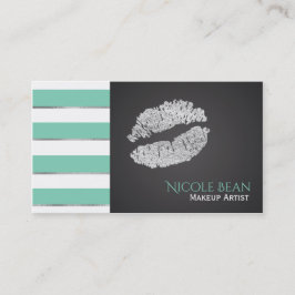 Mint Green Stripes Faux Silver Shine Lips Chic Visitekaartje