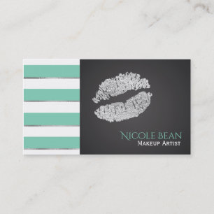 Mint Green Stripes Faux Silver Shine Lips Chic Visitekaartje