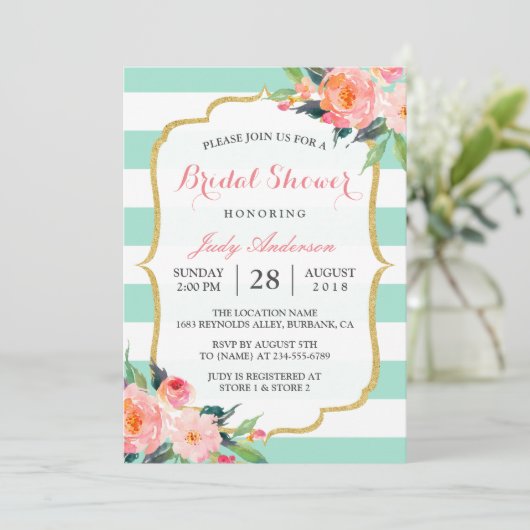 Mint Green Stripes | Floral Chic-Vrijgezellenfeest Kaart (Staand voorkant)