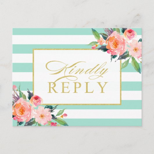 Mint Green Stripes Floral Gold Wedding RSVP Uitnodiging Briefkaart (Voorkant)