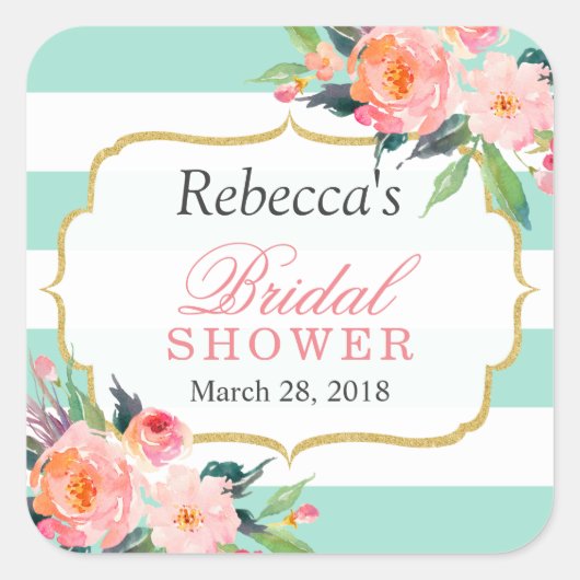 Mint Green Stripes Floral Vrijgezellenfeest Favor Vierkante Sticker (Voorkant)