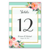 Mint Green Stripes Floral Wedding Table Number Kaart (Achterkant)