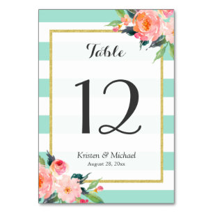 Mint Green Stripes Floral Wedding Table Number Kaart