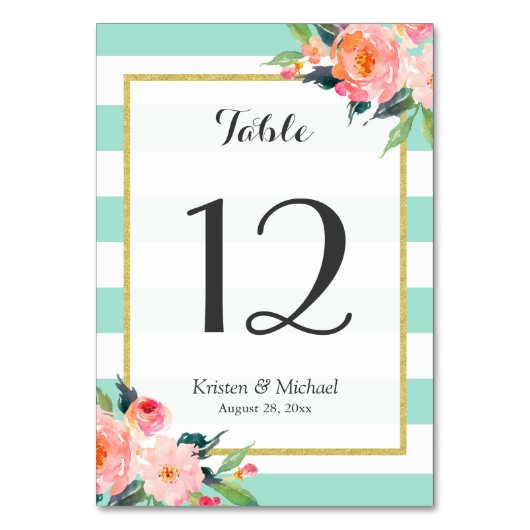 Mint Green Stripes Floral Wedding Table Number Kaart (Voorkant)