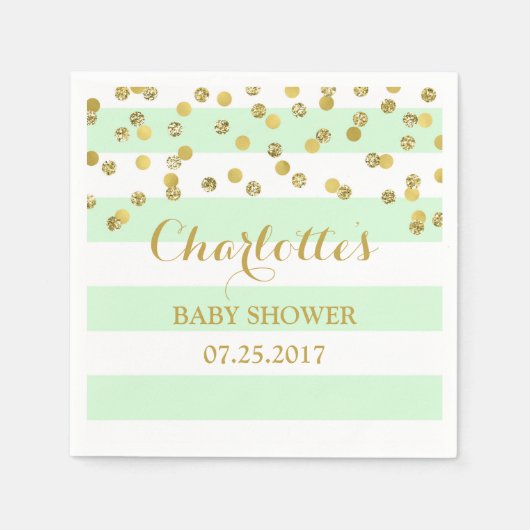 Mint Green Stripes Gouden Confetti Baby shower Servet (Voorkant)