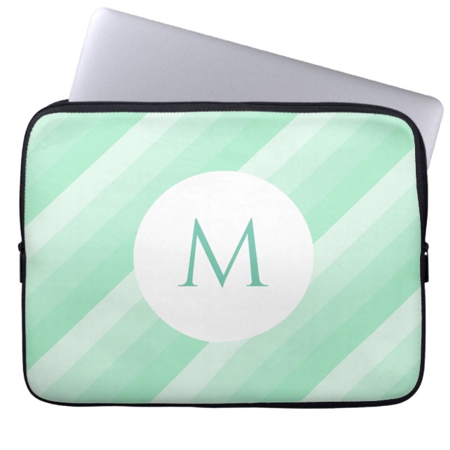 Mint Green Stripes Modern Monogrammed Trendy Laptop Sleeve (Voorkant)