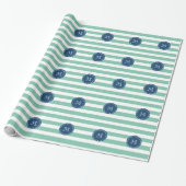 Mint Green Stripes Pattern, Navy Blue Monogram Cadeaupapier (Uitgerold)