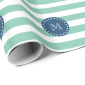 Mint Green Stripes Pattern, Navy Blue Monogram Cadeaupapier (Rol Hoek)